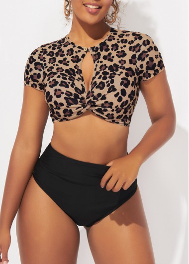 Cutout High Waisted Leopard Twist Front Bikini Set