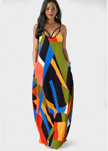 Spaghetti Strap Double Side Pockets Geometric Print Dress