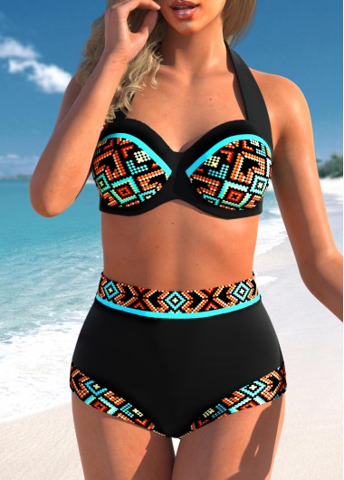 High Waisted Black Tribal Print Bikini Set