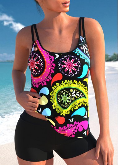Rainbow Color Double Straps Paisley Print Tankini Top