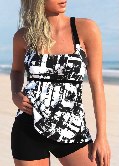 Textured Print Contrast Black Tankini Top