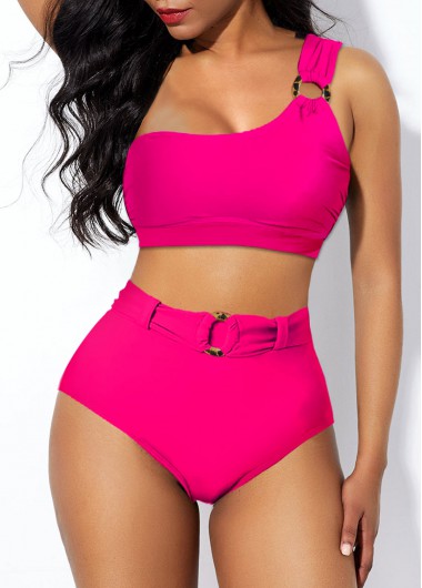 One Shoulder High Waisted Hot Pink Bikini Set