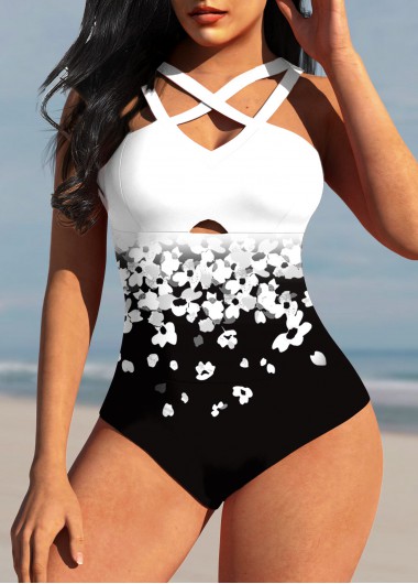 Cross Strap Floral Print Ombre One Piece Swimwear