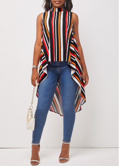 Rainbow Stripe Mock Neck Dip Hem Blouse