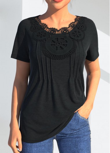 Lace Stitching Crinkle Chest Black T Shirt