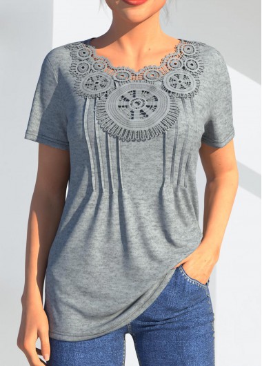 Lace Stitching Crinkle Chest Grey Marl T Shirt