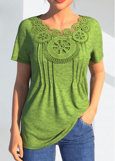 Lace Stitching Crinkle Chest Light Green T Shirt