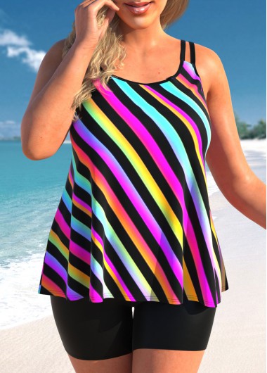 Plus Size Rainbow Stripe Double Straps Tankini Top