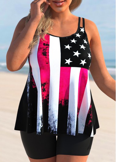 Plus Size American Flag Print Double Straps Tankini Top