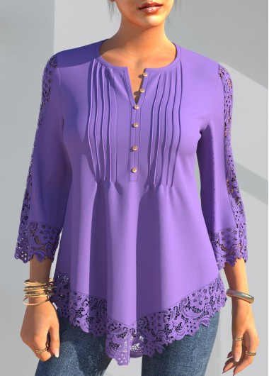 Lace Panel Light Purple Crinkle Chest Blouse
