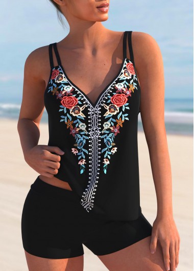 Double Straps Tribal Print Multi Color Tankini Top