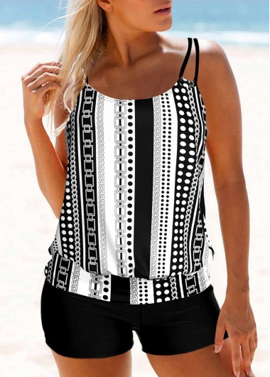 White Geometric Print Double Straps Tankini Top