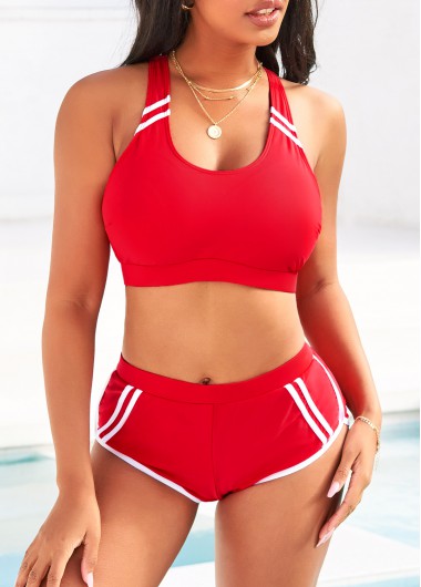 Red Contrast Stitch Mid Waist Bikini Set