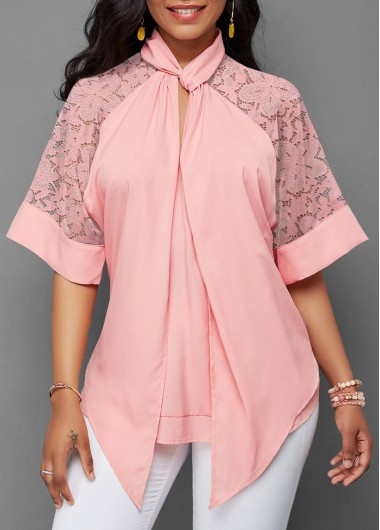 Pink Lace Stitching Asymmetric Hem Blouse