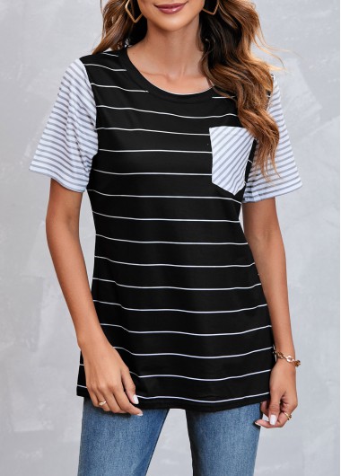 Pocket Striped Short Sleeve Black T Shirt