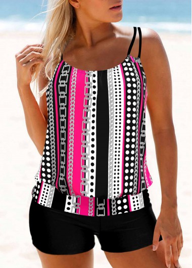 Double Straps Hot Pink Polka Dot Tankini Top