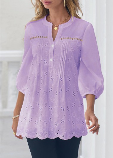 Light Purple Crinkle Chest Hollow Embroidery Blouse