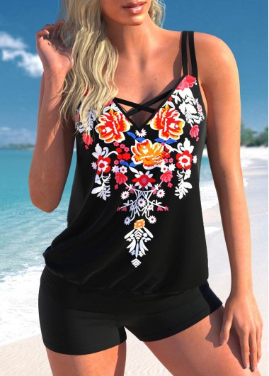 Floral Print Cross Strap Black Tankini Top
