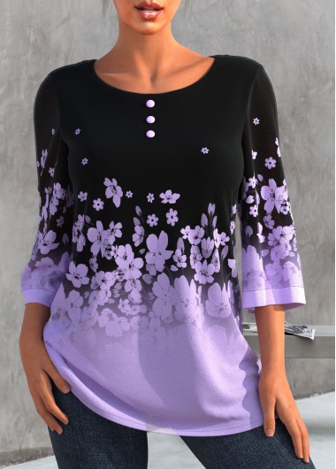 Ombre Floral Print Light Purple T Shirt