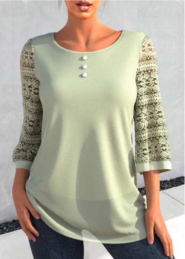 Decorative Button Lace Patchwork Sage Green T Shirt