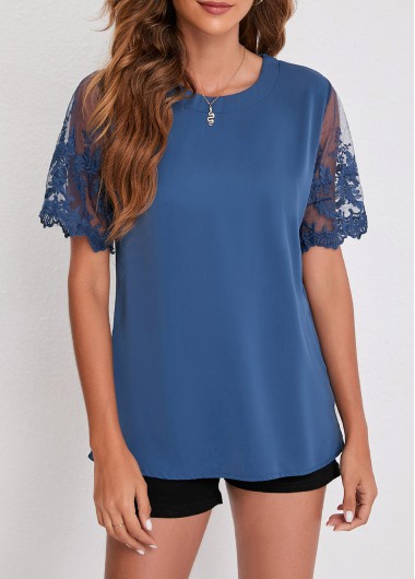 Mesh Stitching Lace Patchwork Blue T Shirt