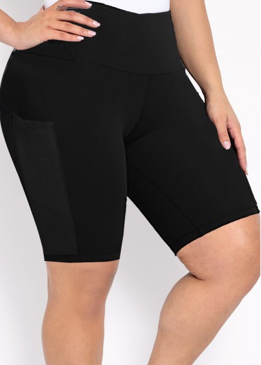 Pocket Plus Size High Waisted Black Skinny Swim Shorts