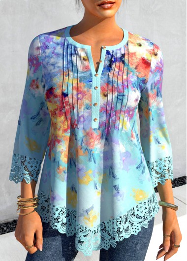 Light Blue Floral Print Asymmetric Hem Blouse