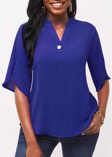 Royal Blue Half Sleeve Split Neck Blouse