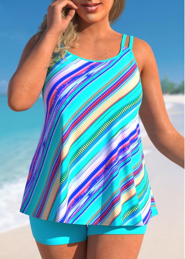 Plus Size Striped Cyan Double Straps Tankini Set