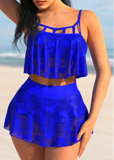 High Waisted Hollow Out Royal Blue Lace Bikini Set