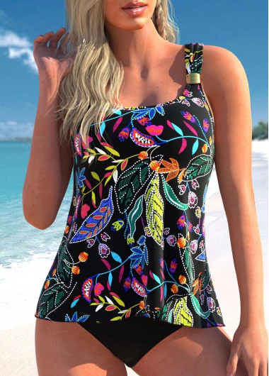 ROTITA Wide Strap Floral Print Black Tankini Top