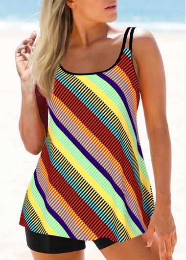 Striped Double Straps Color Block Tankini Top