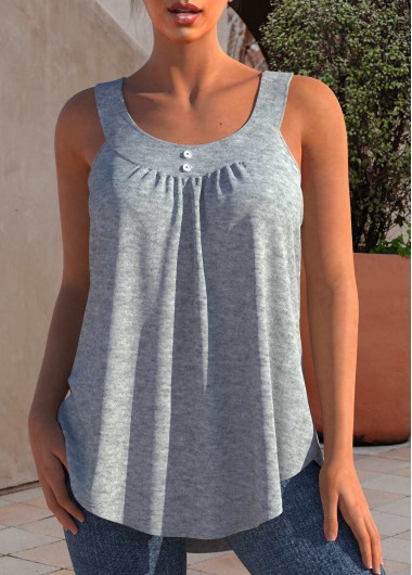 Grey Marl Decorative Button Round Neck Tank Top
