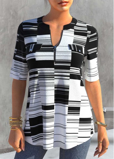 Geometric Print Black Short Sleeve Split Neck Blouse