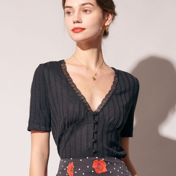 Details:- V neck- Solid color- Lace trim- Ribbed- Slim fitFabrics:It is made of Polyester and Spandex. Polyester is an artificial fiber that feels soft