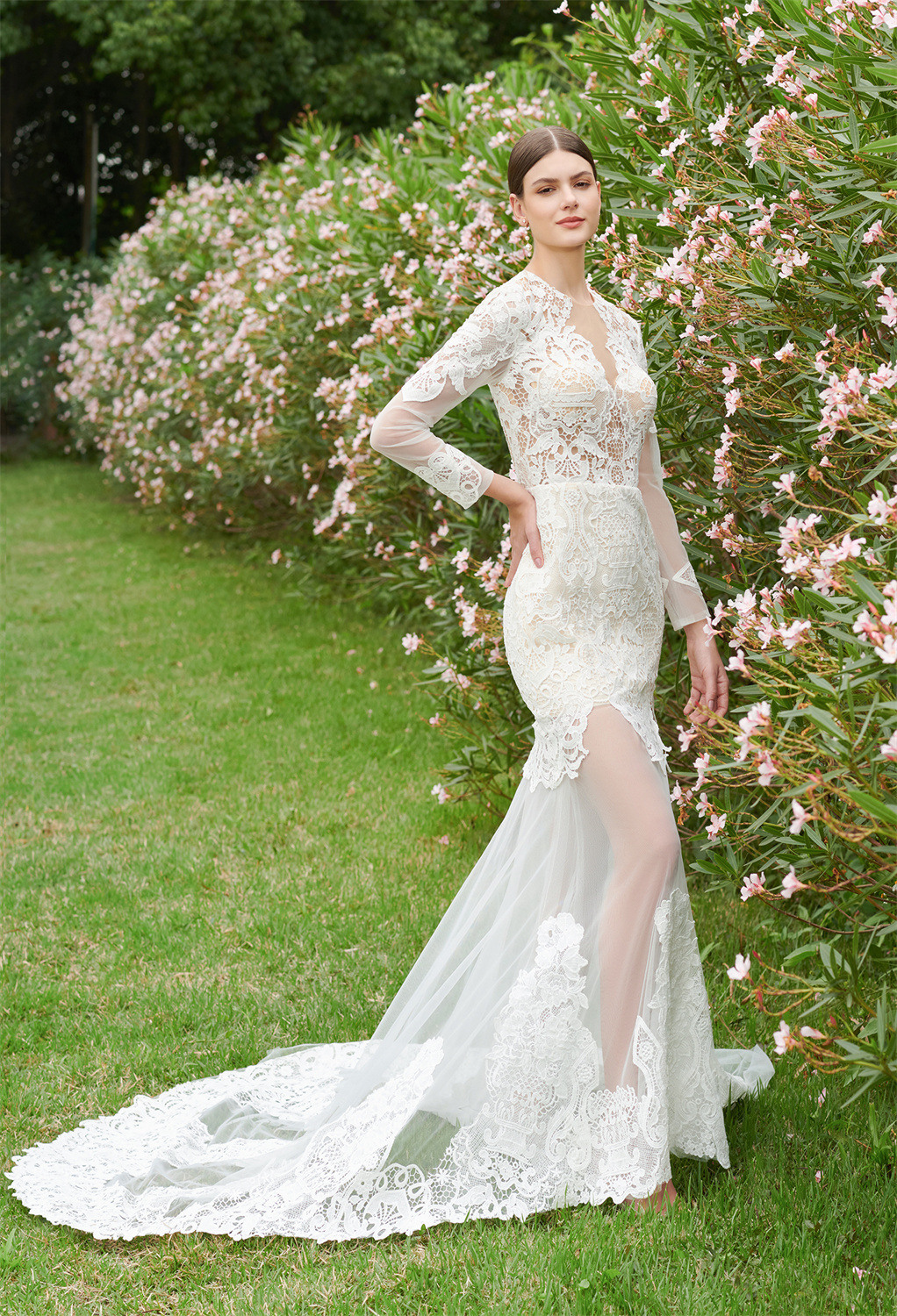 see-through jewel neckline bodice with long