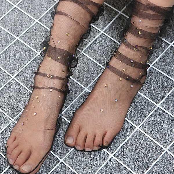 Diamond-Encrusted Perspective Mesh Star Stocking WHITE-FREE SIZE Sku CY-!39477 Type Stockings Accessories Seasons Autumn