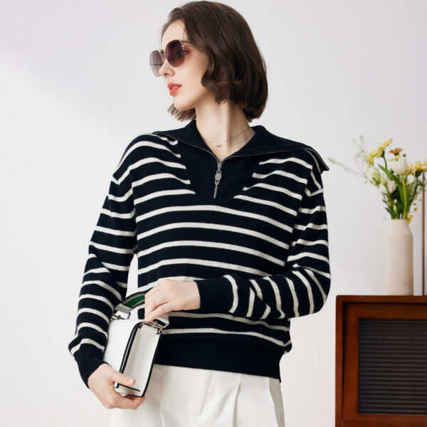 Fabric:100% Cashmere Contrasting Stripes: This sweater features bold contrasting stripes across the body
