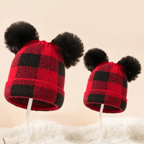 Red Plaid Pompon Mom Kid Hat