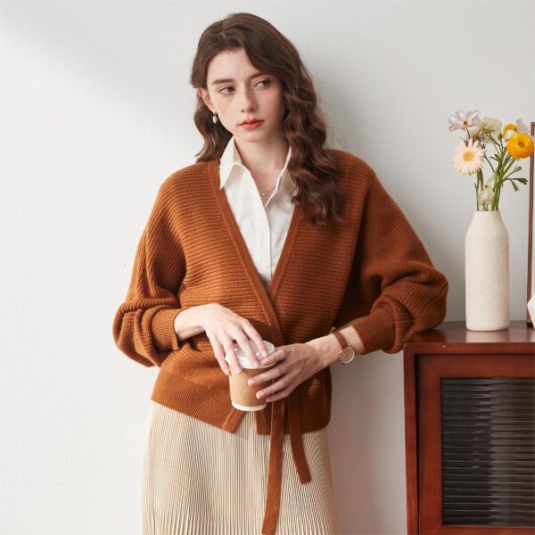 Fabric：100% Wool Fashionable V-Neck: This cardigan features a stylish V-neck design that beautifully enhances the neckline. The V-neck not only adds a touch of elegance but also provides a flattering fit that complements various body types