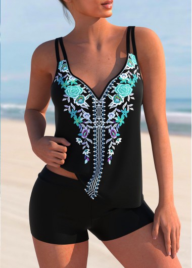 Tribal Floral Print Double Straps Cyan Tankini Top