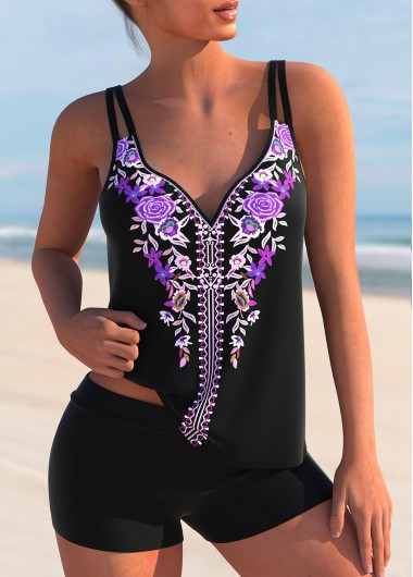 Purple Tribal Print Double Straps Tankini Top