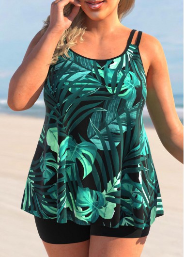 Plus Size Green Tropical Print Tankini Top