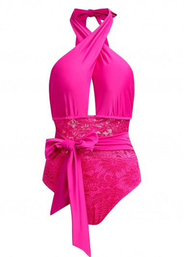 ROTITA Lace Stitching Cross Halter Rose Red One Piece Swimwear