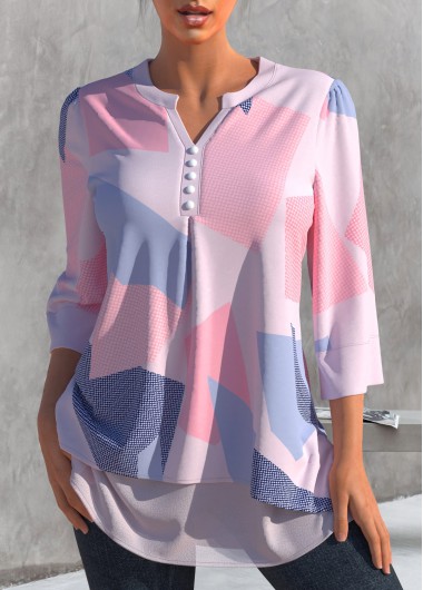 Split Neck Light Pink Geometric Print Blouse