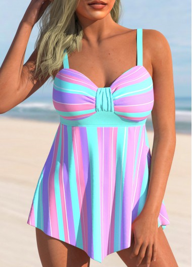 Cyan Stripe Print Asymmetric Hem Swimdress Top