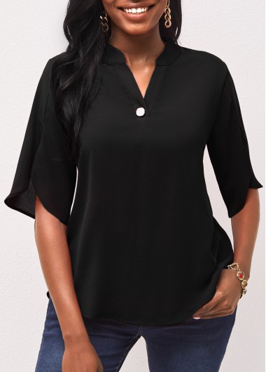 Half Sleeve Split Neck Black Blouse