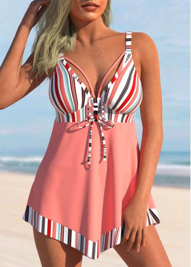 ROTITA Striped Hanky Hem Peach Pink Bowknot Swimdress Top