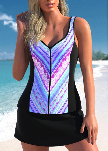 Colorful Tribal Print Wide Strap Tankini Set