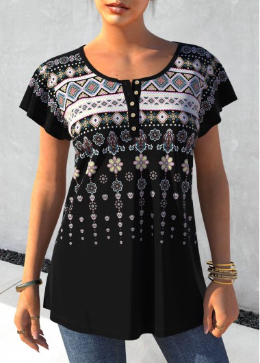 Tribal Print Short Sleeve Black Round Neck T Shirt